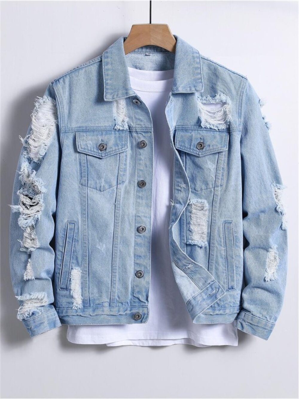 Men Light Blue And White Cotton Ripped Flap Pocket Denim Jacket